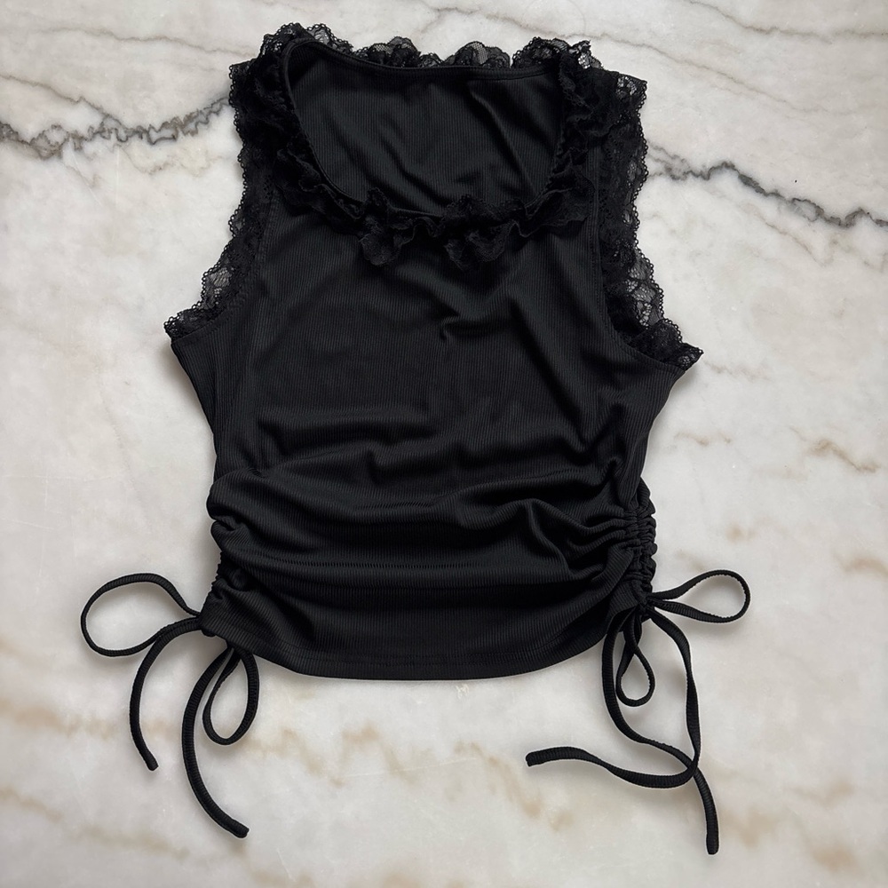 Y2K Black Ribbed Lace Trim Top Ruched Side Drawstring Size Medium